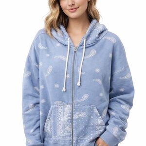 PACSUN LIGHT BLUE WHITE WOMEN BANDANA PRINT ZIP UP HOODIE SWEATSHIRT PAISLEY M